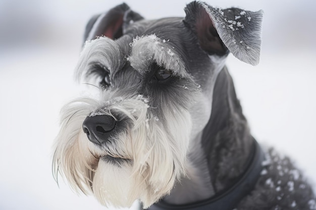 Close up of a snow covered miniature schnauzer dog staring questioning bearded dog beggar