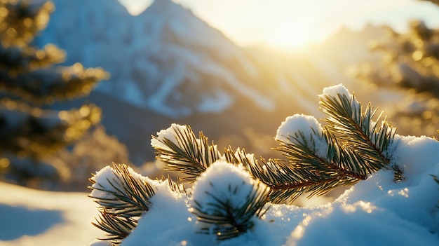 Close up of snow covered pine branch with mountains