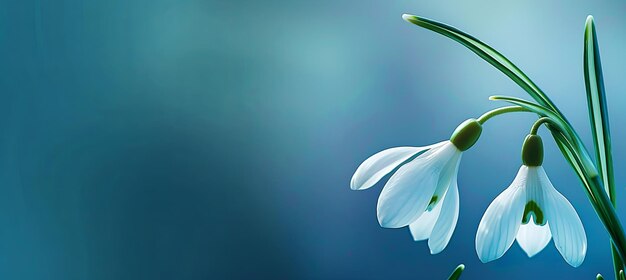 Close up of a snowdrop flower on electric blue background