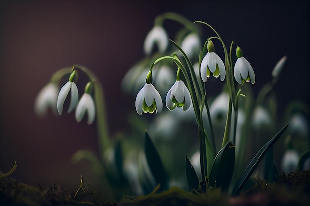 Close up of Snowdrop flowers on green backgroundgenerative ai