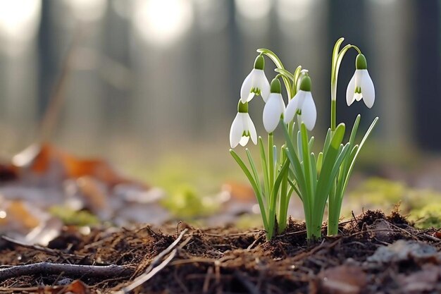 Close up snowdrops in the ground macro graphy