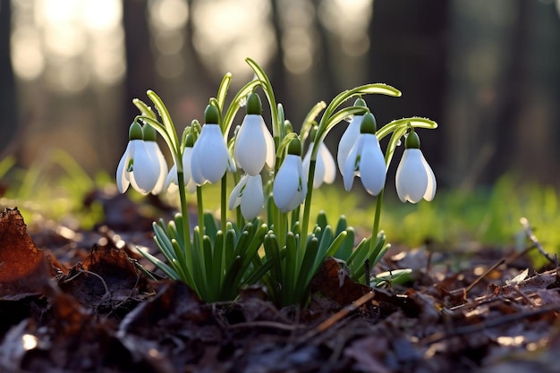 Close up snowdrops in the ground macro graphy