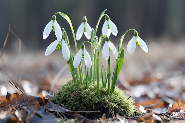 Close up snowdrops in the ground macro graphy