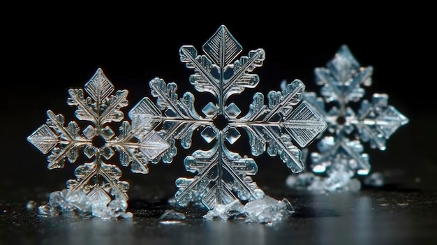 A close up of snowflakes on a black background