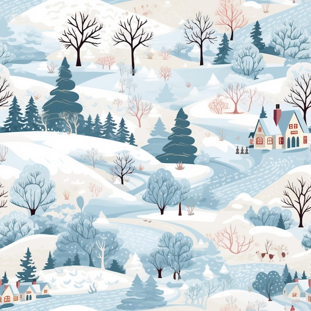 A close up of a snowy landscape with houses and trees generative ai