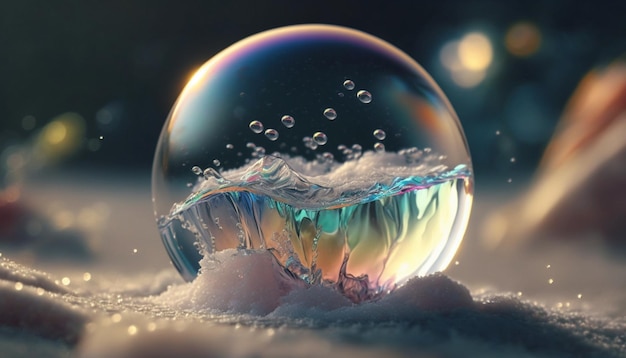 Close up of soap bubble floating on top snow generative ai