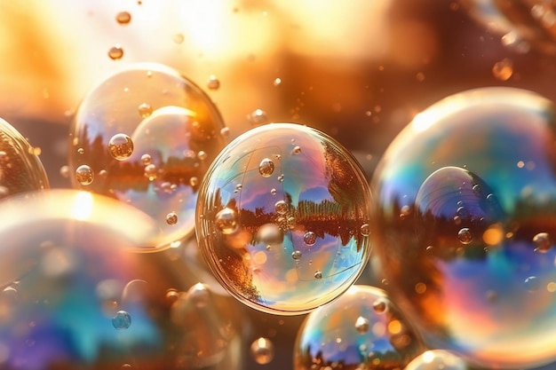 A close up of soap bubbles with the sky in the background