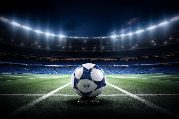 Close up of a soccer ball in the center of the stadium illuminated by the headlights