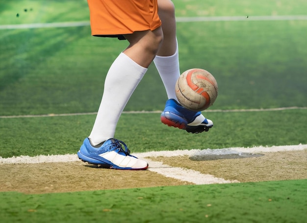 Close up of a soccer ball in the center of the stadium