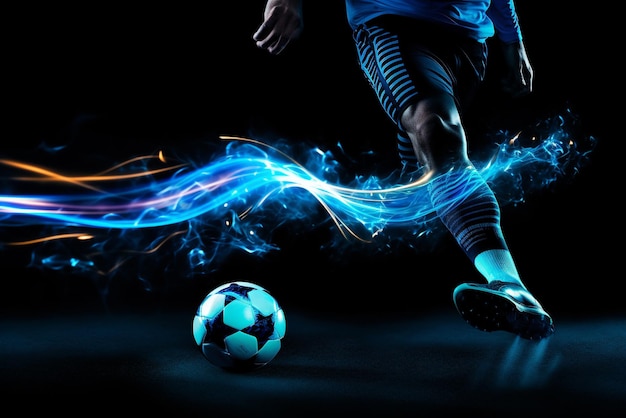 Close up of soccer player foot kicking the ball with blue light effect