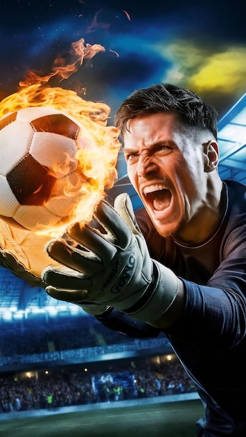 Close up of a soccer scene at night match with a goalkeeper trying to catch a fiery ball