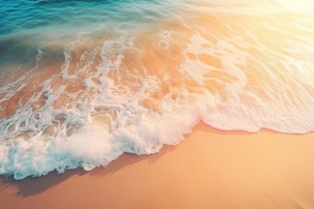 Close up soft wave flow beautiful ocean on sandy beach background sunshine in the evening top view