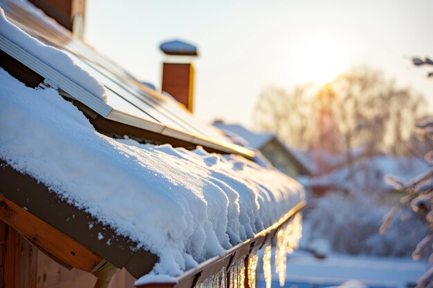 Photo close up solar panel in winter sunny day snowcovered rooftop