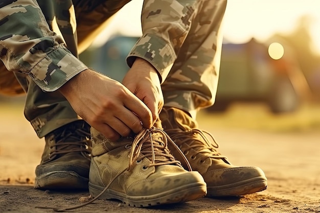 Close Up soldier getting ready to start boots men tying laces