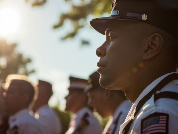 close up of soldier with uniform of american soldiers standing in row at sunsetclose up of