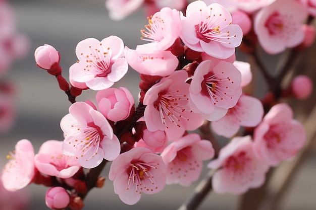 a close up of some pink flowers on a tree