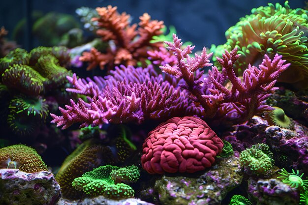 Photo a close up of some purple and green coral on the bottom of an aquarium some rocks with corals growi