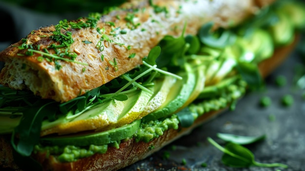 close up sourdough roll overflowing with lemon infused hummus slices of ripe avocado and pea