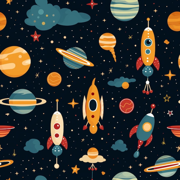 A close up of a space themed background with rockets and stars generative ai