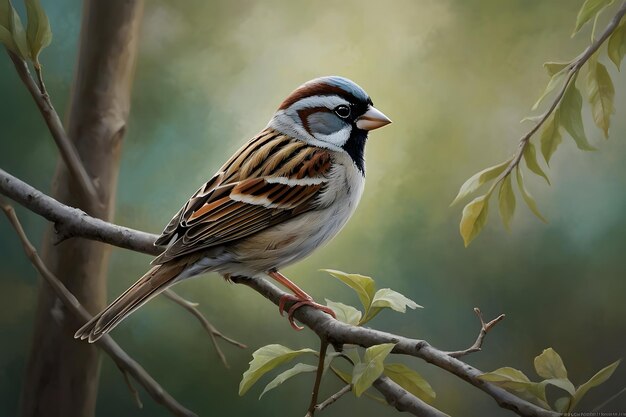 A close up of a sparrow on a branch