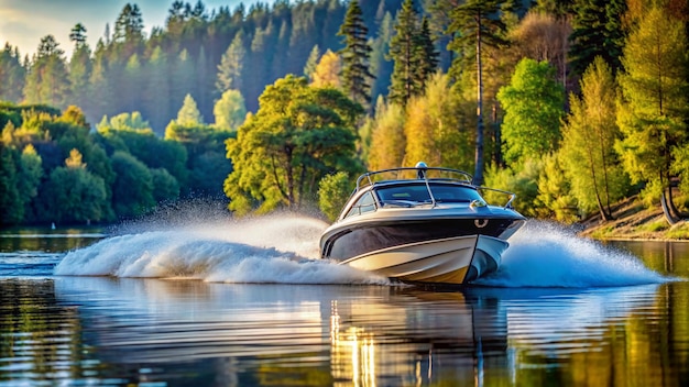 Close up of speedboat travelling on water forest in background