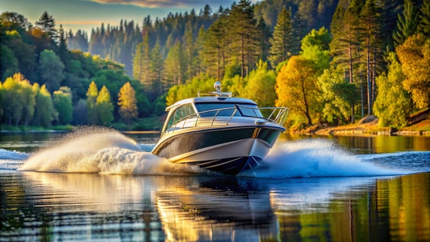 Close up of speedboat travelling on water forest in background