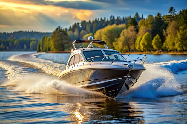 Close up of speedboat travelling on water forest in background