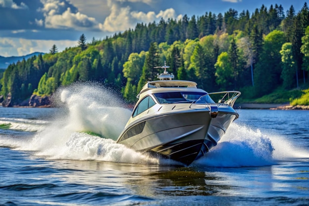 Close up of speedboat travelling on water forest in background