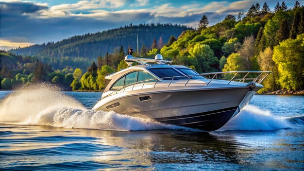 Close up of speedboat travelling on water forest in background