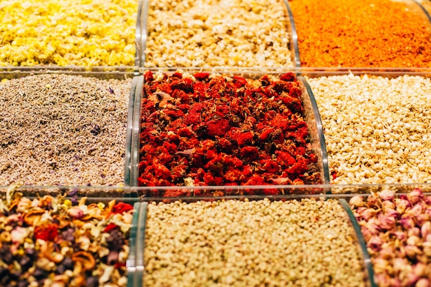 Close-up on spices nuts tea in the turkish bazaar