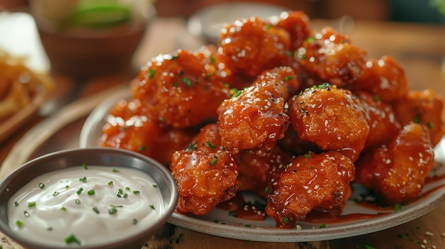 Close Up of Spicy Chicken Wings With Sesame Seeds and Ranch Dip