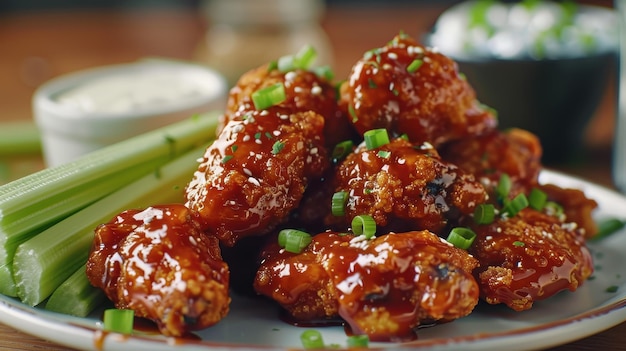 Close Up of Spicy Glazed Chicken Wings With Celery and Dip