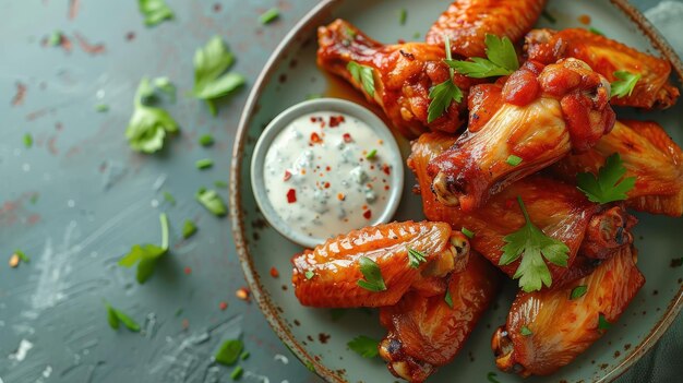 Photo close up of spicy glazed chicken wings with creamy dip on a plate