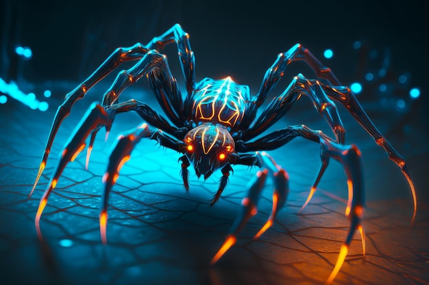 Close up of spider on tile floor with bright lights in the background Generative AI