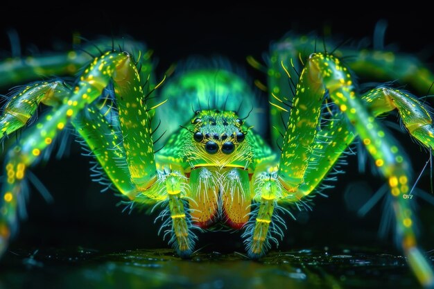 Photo a close up of a spider with bright green and yellow colors