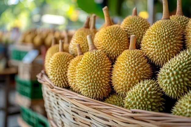 Photo close up of spiky durian fruits in a basket