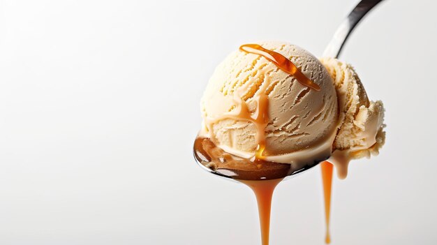 Photo close up of a spoon holding a scoop of caramel ice cream with caramel drizzle delicious cold dessert perfect for food styling and culinary presentations tempting sweet treat photo ai