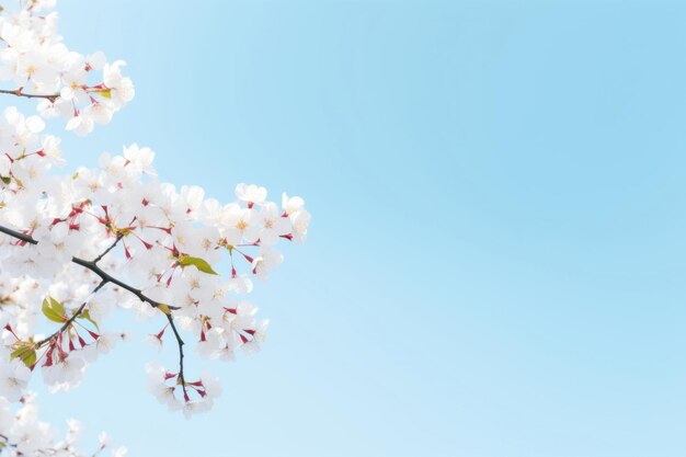 Close up of Spring banner with branches of blossoming cherry background with blue sky