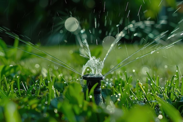 Close Up of Sprinkler Watering Grass in a Backyard