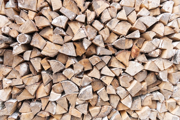 Close up on stack of forest firewood texture