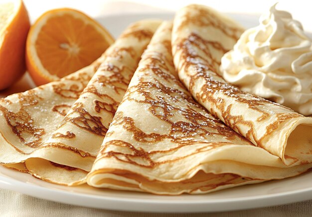 Photo close up of a stack of golden brown crepes