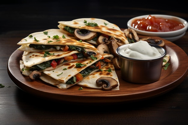 A close up of a stack of quesadillas with shrimp and spinach