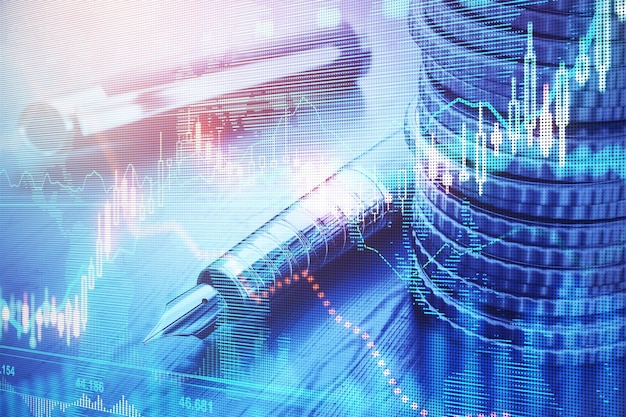 Close up of stacked coins pen and forex chart on blurry desktop background Financial management money and profit concept Double exposure