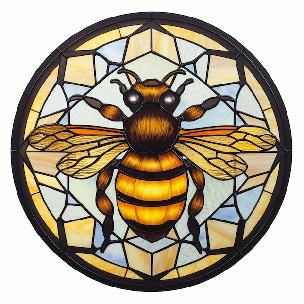 A close up of a stained glass bee on a circular window generative ai