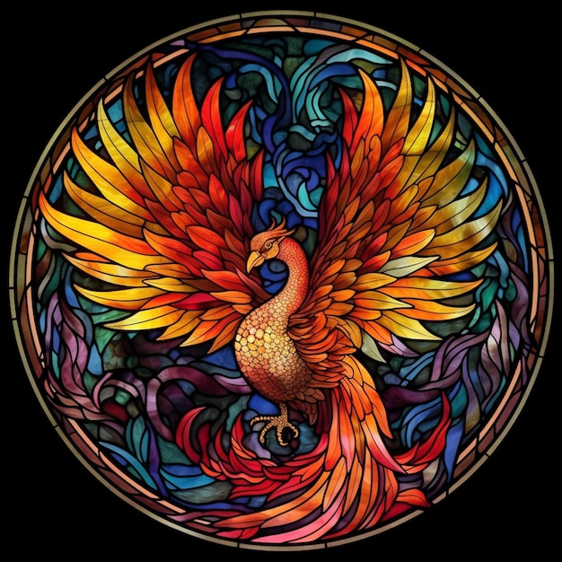 A close up of a stained glass bird in a circle generative ai