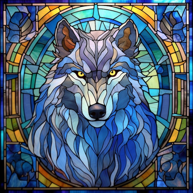 A close up of a stained glass picture of a wolf generative ai