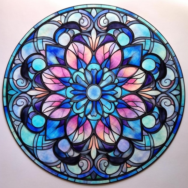 A close up of a stained glass plate with a flower design generative ai