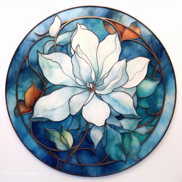 a close up of a stained glass plate with a flower on it generative ai