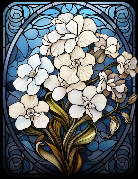 A close up of a stained glass window with a bunch of flowers generative ai