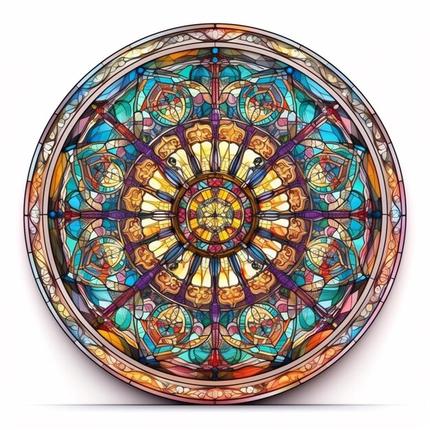 A close up of a stained glass window with a circular design generative ai